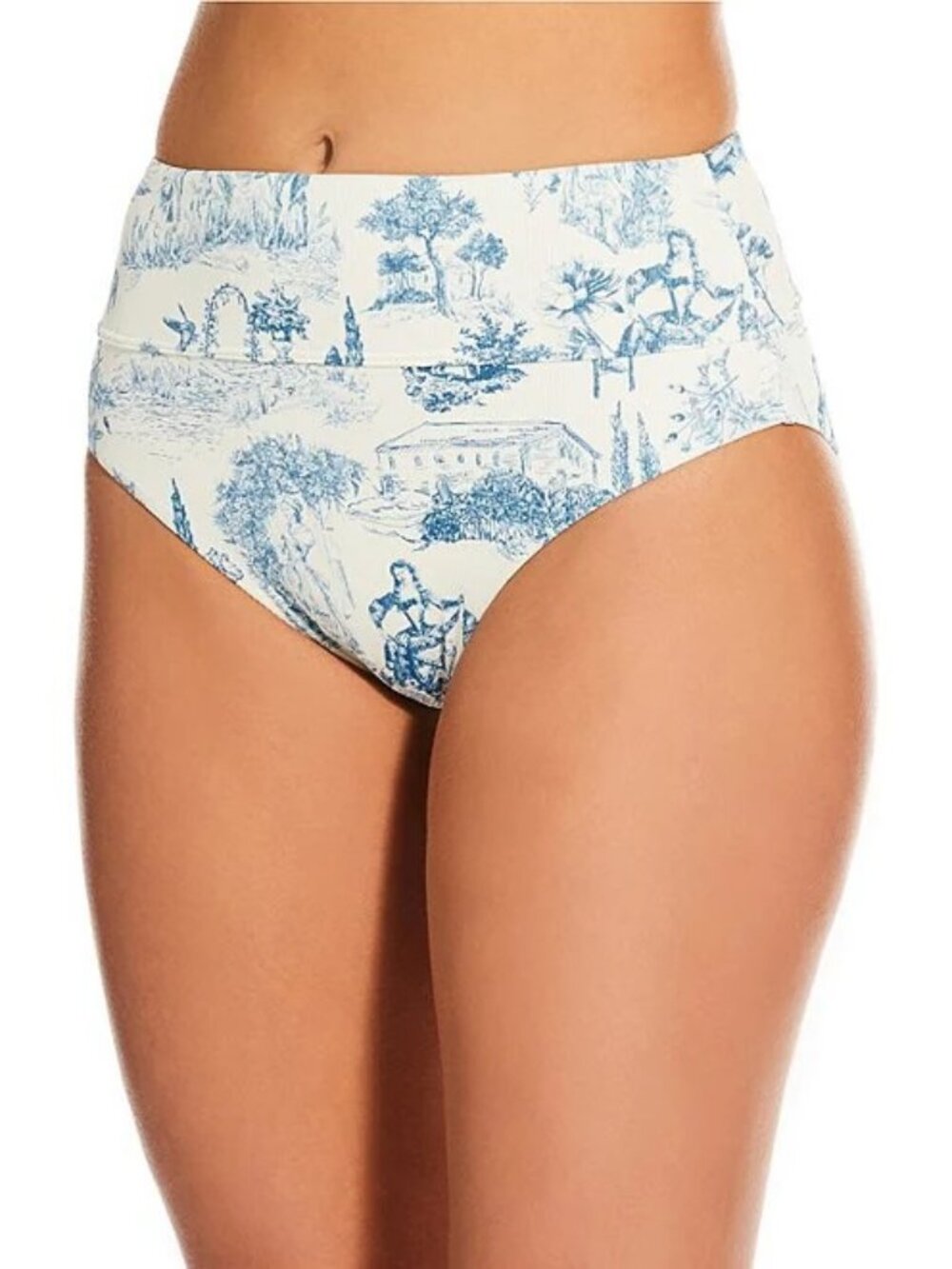 NWT Gianni Bini Blue Ivory Toile Ribbed High Waisted Bikini Bottoms Large